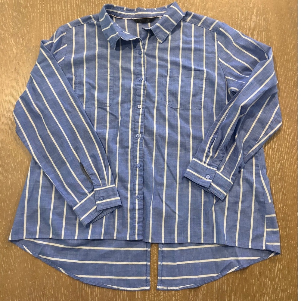 Riders by Lee Womens XXL Blue White Striped Button Front Hi Low Shirt Top